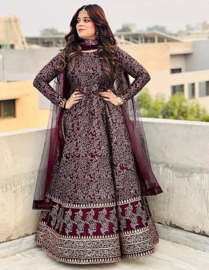 3 Piece Women's Stitched Embroidered Anarkali Set Maroon - Women's Stitched Suits - Hunny Collection PK