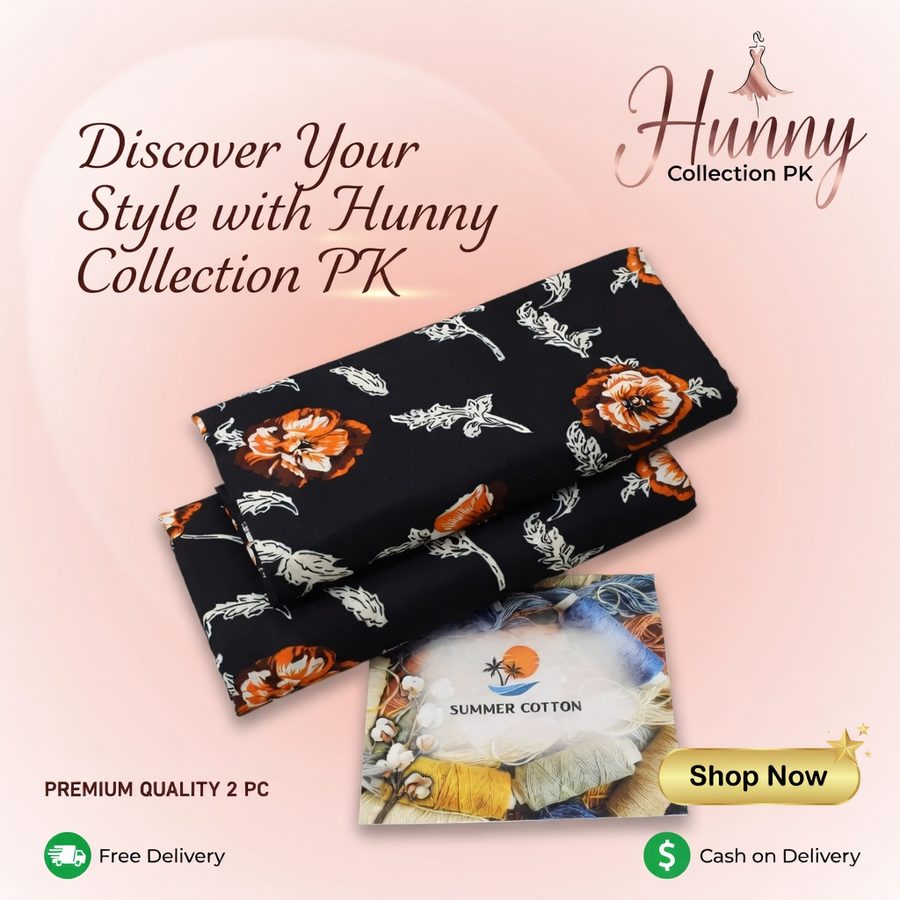 2 Pcs Women Printed Cotton Suit Black - Women's Unstitched - Hunny Collection PK