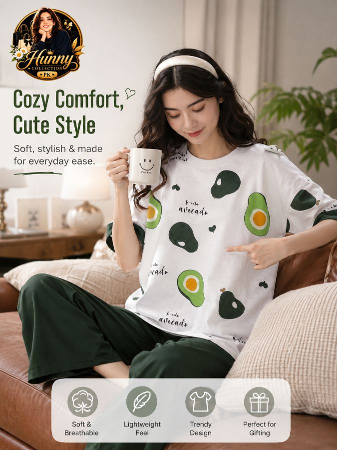Avocado Print Night Suit for Women Medium to XL - Women's Stitched Suits - Hunny Collection PK