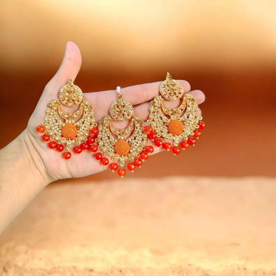 Fancy Gold Plated Crystal Earrings Set of 3 for Bridal Wear