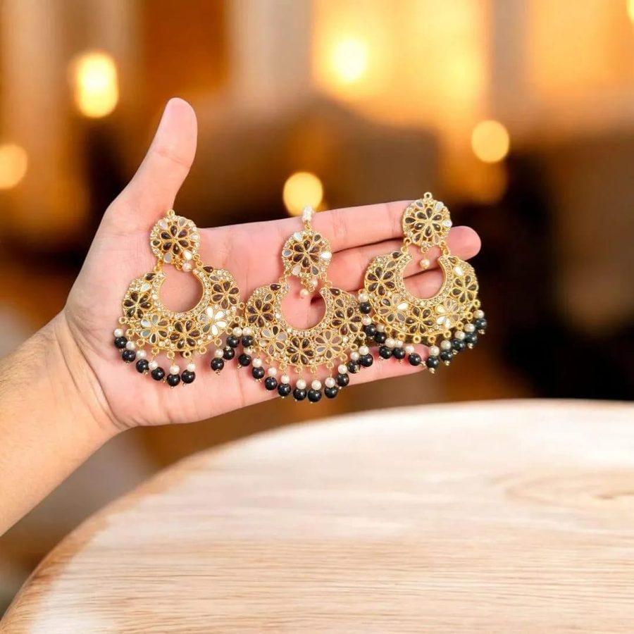 Fancy Gold Plated Crystal Earrings Set of 3 for Bridal Wear view 2