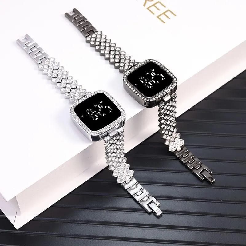 Women Crystal Watch Square Dial Touch Screen Rhinestone Band view 3