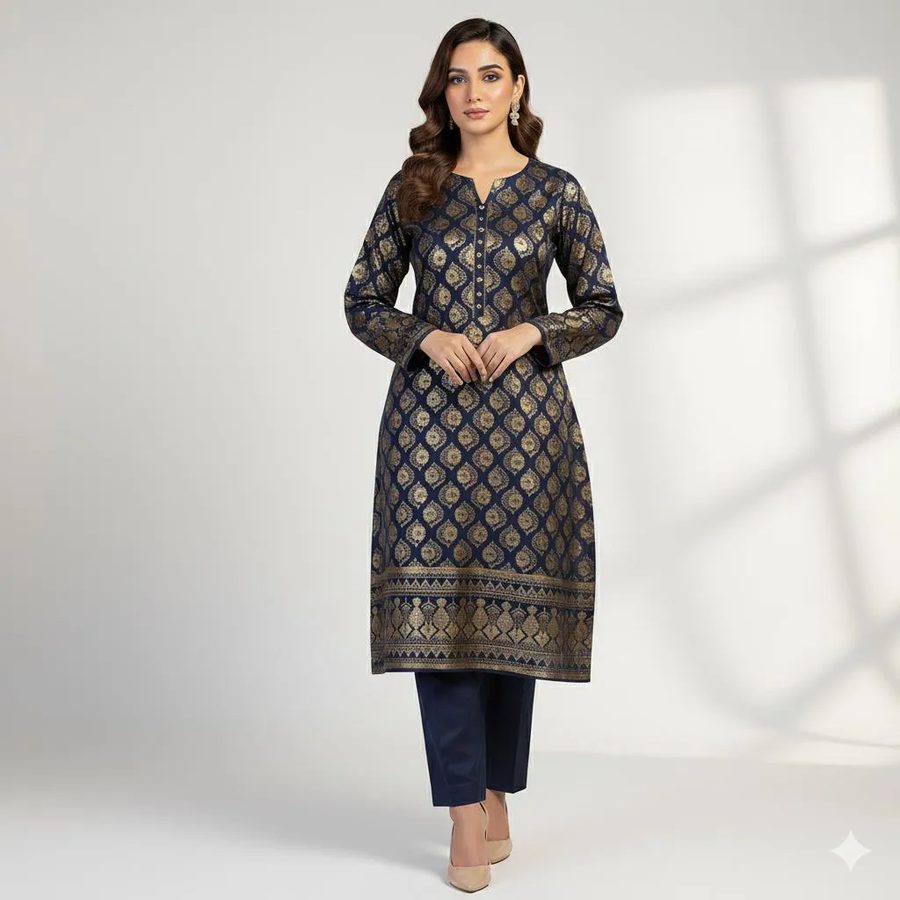Blue Block Print Katan Silk 2-Piece Suit for Women