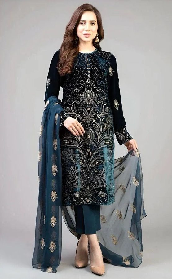 3-Piece Embroidered Blue Lawn Suit for Eid