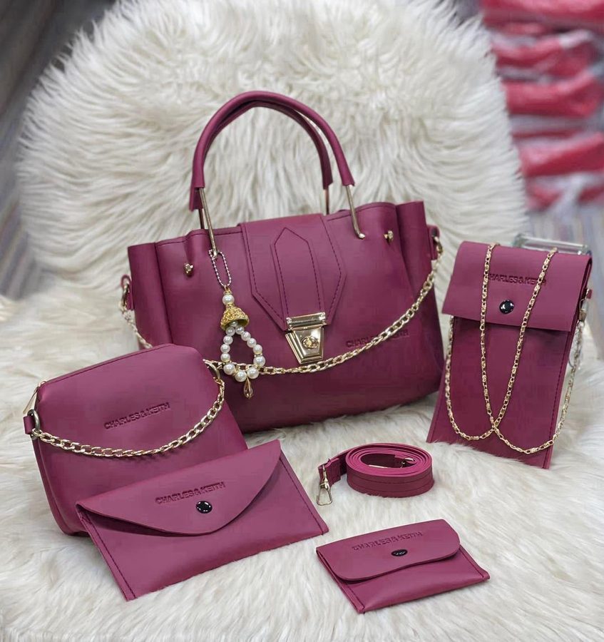 Stylish Girl's 5-Piece Leather Bag Set in Pink view 2