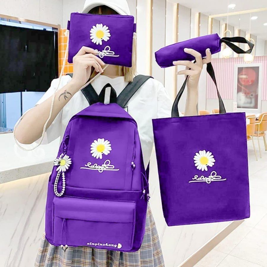  Purple Daisy Print 18" Waterproof Backpack Set of 4